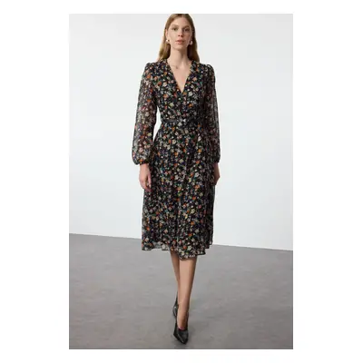 Trendyol Black Floral Belted A-Line Midi Double Breasted Collar Patterned Chiffon Woven Dress