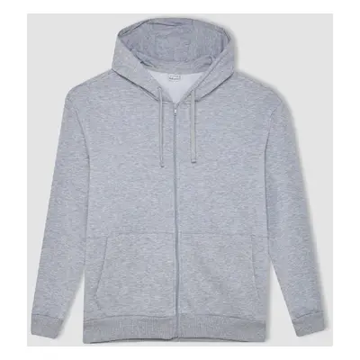 DEFACTO Men's Gray Comfort Fit Hooded Soft Fleece Zipper Thick Cotton Sweatshirt