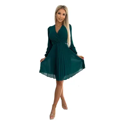 Pleated chiffon dress with long sleeves and a Numoco neckline