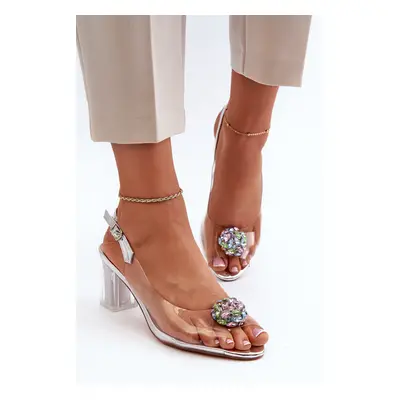 Transparent high-heeled sandals with silver D&A embellishment