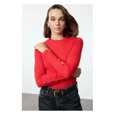 Trendyol Red Buttoned Ribbed Stand Collar Fitted Cotton Stretch Knitted Blouse