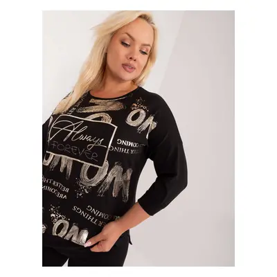 Plus size black cotton blouse with a round neckline