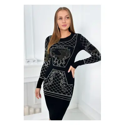 Knitted dress with gold and silver cubic zirconia pattern in black