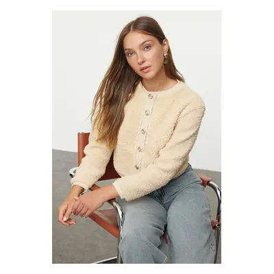 Trendyol Stone Gold Buttoned Plush Crop Knitted Cardigan