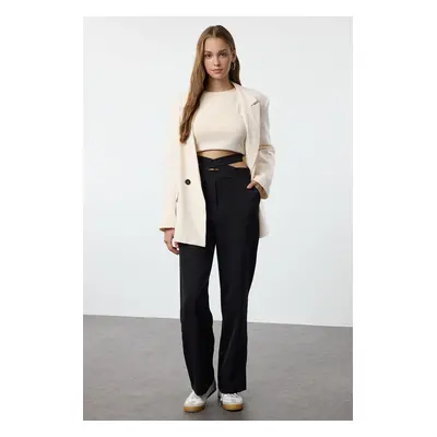 Trendyol Black Waist Belt Detailed Straight Cut Woven Trousers