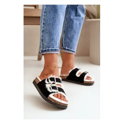 Women's Slippers With Buckles And Fur Black Zilena