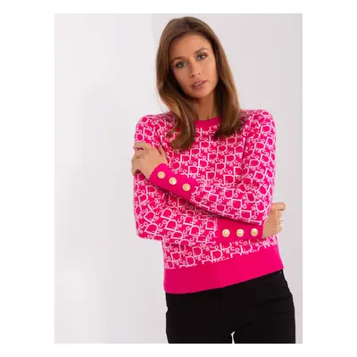 Fuchsia and white classic sweater with a round neckline