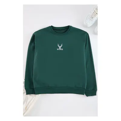 Trendyol Green Oversize/Wide Cut Crew Neck Long Sleeve Animal Embroidered Sweatshirt