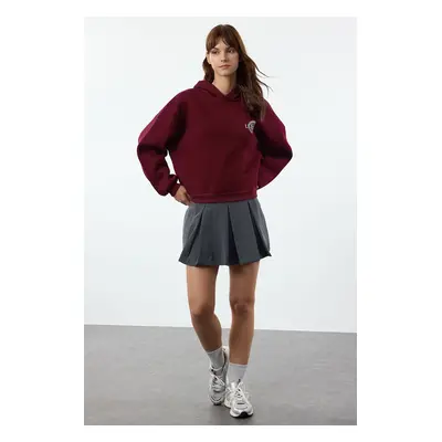 Trendyol Claret Red Back Print Detailed Hooded Thick Inside Fleece Knitted Sweatshirt