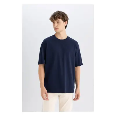 DEFACTO Men's Navy Blue Boxy Fit Wide Cut Crew Neck Cotton Short Sleeve Basic T-Shirt