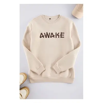 Trendyol Stone Oversize/Wide Cut Fleece Embroidered Sweatshirt