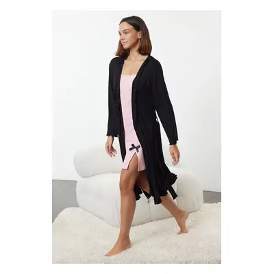 Trendyol Black Belted Ruffle Detailed Knitted Dressing Gown