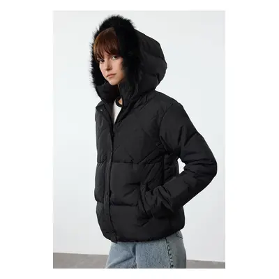 Trendyol Black Regular Fit Fur Detailed Hooded Puffer Jacket