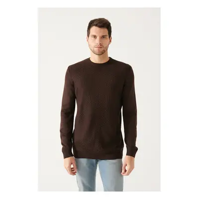 Avva Men's Brown Crew Neck Front Textured Regular Fit Knitwear Sweater