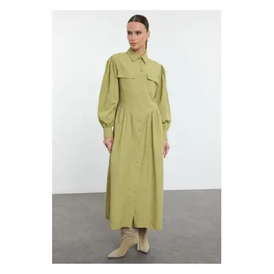 Trendyol Oil Green Poplin Woven Pleated Detail Pocket Woven Dress