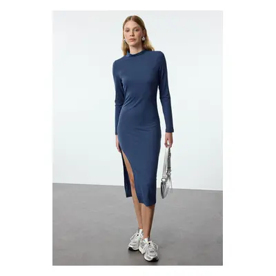 Trendyol Indigo Ribbed Deep Slit Detailed Fitted Midi Stretchy Knitted Dress