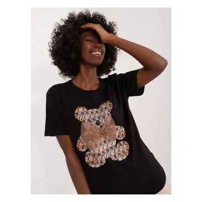 Black cotton T-shirt with teddy bear