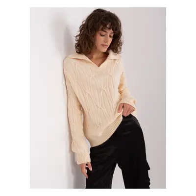 Light beige cable knit sweater with collar