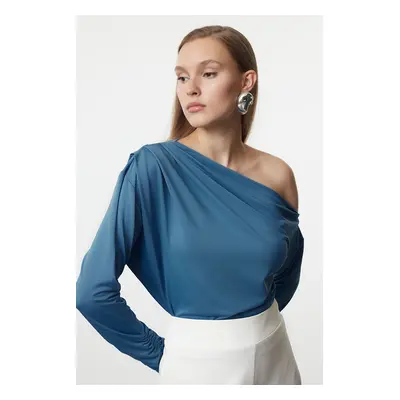 Trendyol Indigo Regular Asymmetric Collar Flowy Snap-Front Flexible Knitted Blouse