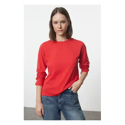 Trendyol Red 100% Cotton Long Sleeve Crew Neck Regular/Normal Fit Basic Knitted T-Shirt