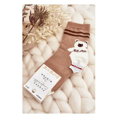 Youth warm socks with teddy bear, light brown