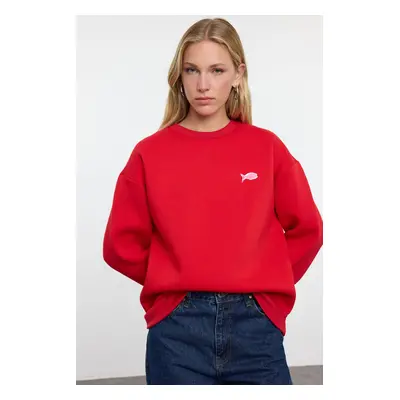 Trendyol Red Printed Oversize/Wide Pattern Crew Neck Thick Polar Fleece Knitted Sweatshirt