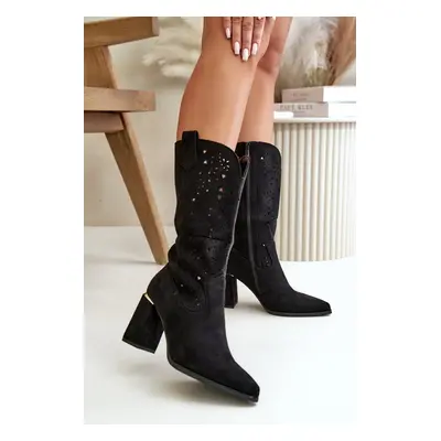 Openwork Ankle Boots Women's Pointed Toe Heel Eco Suede Black Nevithra