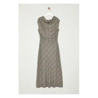 Trendyol Gray Plaid / Checkered A-Line Cowl Collar Flannel Fabric Midi Woven Dress