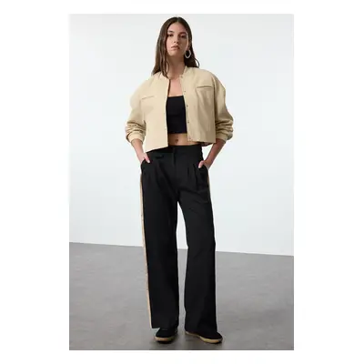 Trendyol Black Linen Look Wide Leg Trousers with Side Stripe Detail