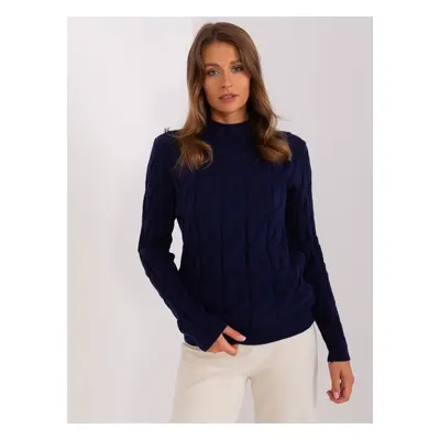 Navy blue sweater with cables and turtleneck