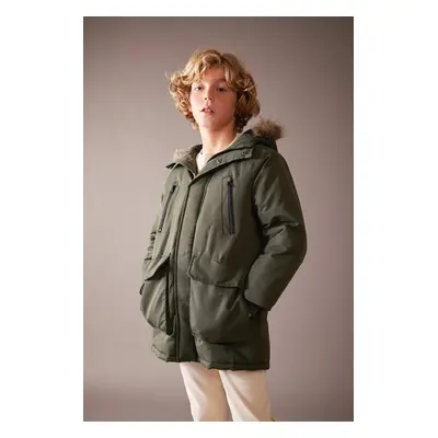 DEFACTO Boy&#39;s Hooded Water Repellent Plush Lining Long Coat