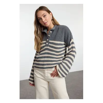 Trendyol Anthracite Ganesh Pattern Crew Neck Striped Knitwear Sweater