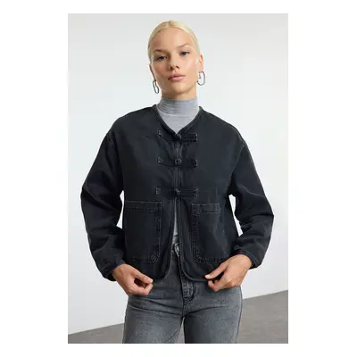 Trendyol Black Front Tie Oversize Denim Jacket