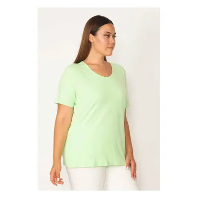 Şans Women's Plus Size Green Cotton Fabric Crewneck Short Sleeve Blouse