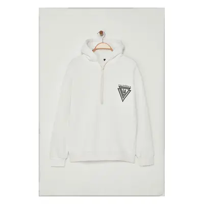 Trendyol Ecru Hooded Oversize/Wide Cut College Printed Cotton Fleece Sweatshirt