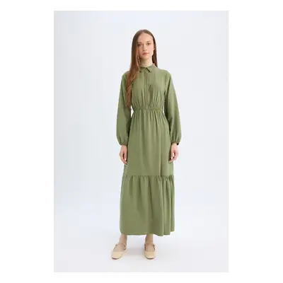 DEFACTO Shirt Collar Basic Plain Button Closure Gathered Waist Long Sleeve Maxi Dress