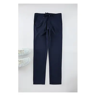 Trendyol Navy Blue Slim Fit Elastic Fabric Woven Trousers with Waist Tie Detail