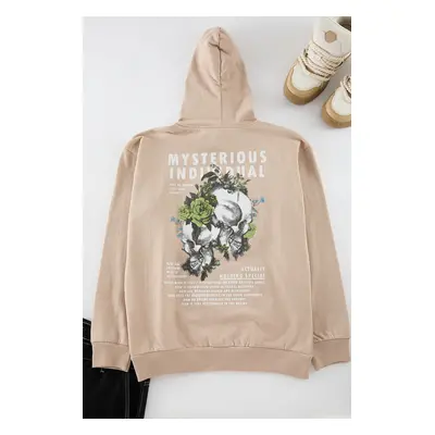 Trendyol Stone Oversize/Wide Cut Hooded Floral Printed Fleece Inside Sweatshirt