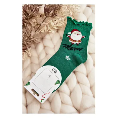 Women's shiny Christmas socks with Santa Claus, green