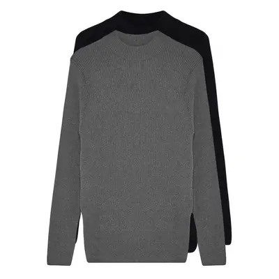 Trendyol Black-Grey FL Men's Fitted Half Turtleneck Plain Knitwear Sweater