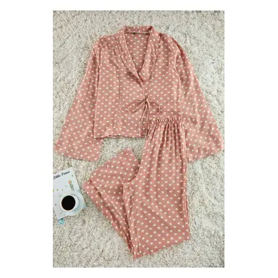 Trendyol Dark Beige Heart Patterned Tie Detailed Viscose Woven Pajama Set