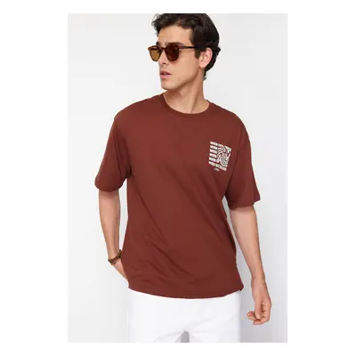 Trendyol Brown Oversize/Wide Cut Text Printed Short Sleeve 100% Cotton T-Shirt