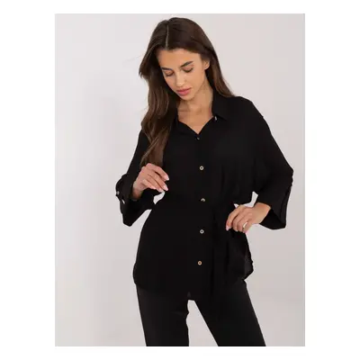 Black oversized button-down shirt with 3/4 sleeves