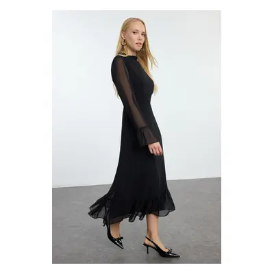 Trendyol Black A-Line Stand Collar Midi Lined Chiffon Woven Winter Dress