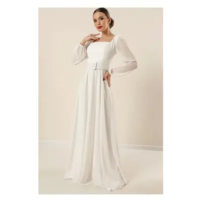 By Saygı Square Neck Belted Waist Lined Chiffon Long Evening Dress