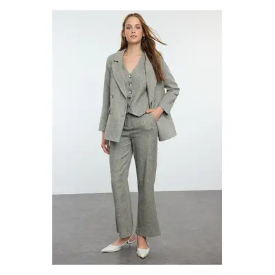 Trendyol Green Herringbone Textured Woven Blazer Jacket-Vest-Pants Set