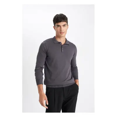 DEFACTO Men's Anthracite Standard Fit Regular Cut Polo Collar Soft Textured Premium Knitwear Swe