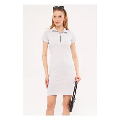 armonika Women's Light Gray Collar Zippered Body-Fitting Above Knee Short Sleeve Dress