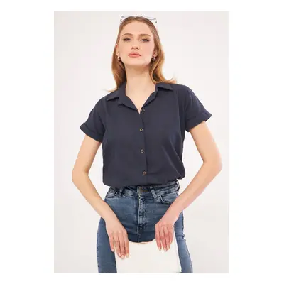 armonika Women's Navy Blue Short Sleeve Linen Shirt