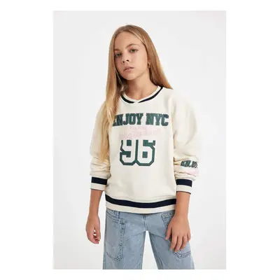 DEFACTO Girl Relax Fit V Neck Text Printed School Sweatshirt